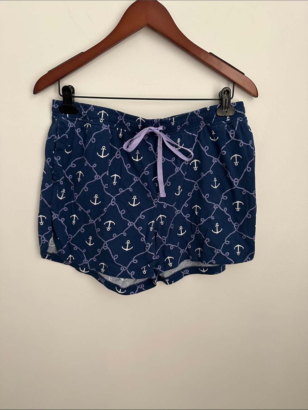 Nautica Navy Anchor Print Shorts with Lilac Drawstring